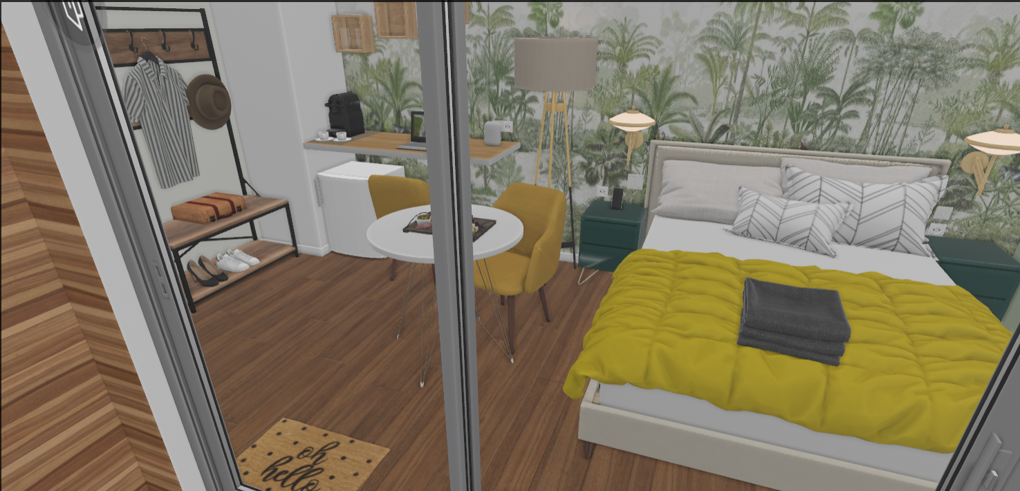 vue 3D du bureau et de la chambre d'hôte indépendante NDH écolodge premium avec spa privatif intérieur entre Nancy et Toul (Lorraine)