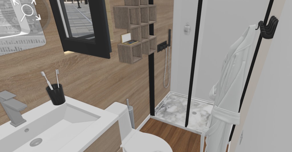 vue 3D de la salle de bain de la chambre d'hôte indépendante NDH écolodge premium avec spa privatif intérieur entre Nancy et Toul (Lorraine)