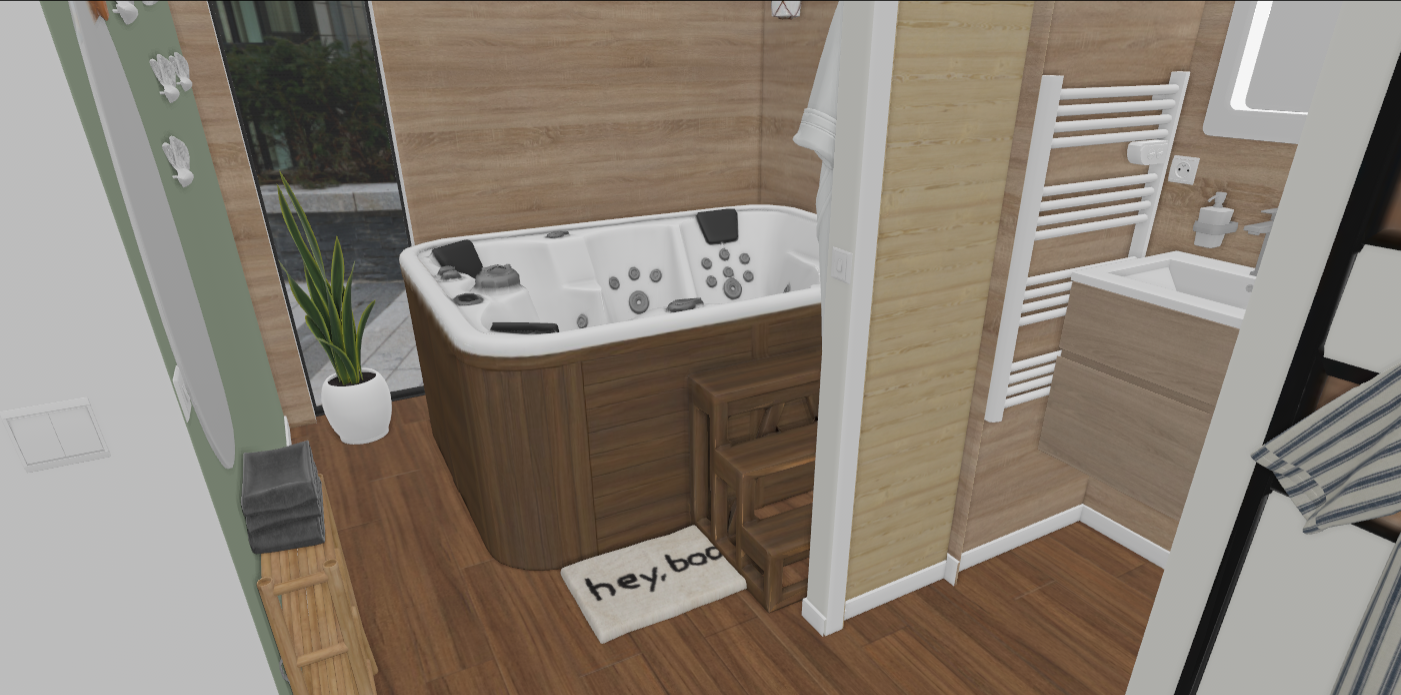 vue 3D du SPA et de l'entrée de la salle de bain de la chambre d'hôte indépendante NDH écolodge premium avec spa privatif intérieur entre Nancy et Toul (Lorraine)